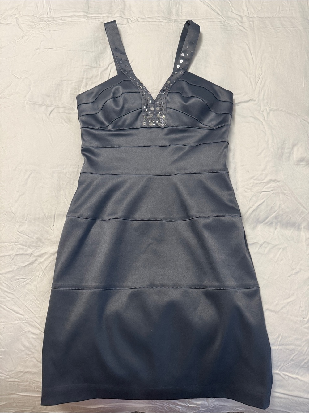 Max & Cleo Grey Sequin-Trim V-Neck Mini Dress